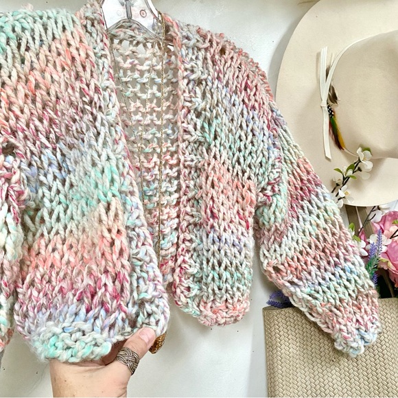 Artisan chunky knit cropped boho sweater w prairie shabby chic vibe - Picture 9 of 10